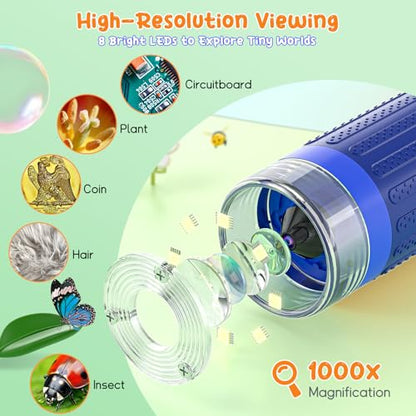 SKYBASIC Digital Microscope for Kids, 3" Screen 1000X Handheld Microscope HD Pocket Portable Microscopes Camera, Science Edu Fun Toys for Ages 4-12 Children Students Boys Girls -Blue - color: 3"-Blue