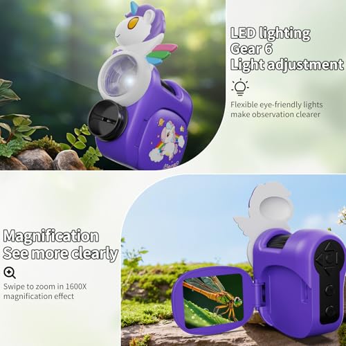 1600X Handheld Microscope for Kids 2" IPS Screen Kit Mini Pocket Digital Microscopes STEM Science with Slides Photo Video Rechargeable Portable Scope Gift for Ages 6-12 (Purple) - color: Purple