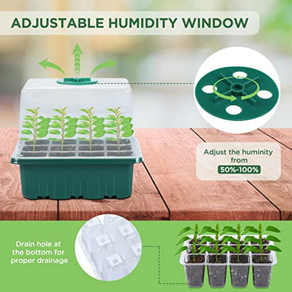 7-Pack Seed Starter Tray with Heat Mat (12 Cells per Tray), Plant Germination Trays with Adjustable Humidity Dome Seed Trays Seedling Starter with Base Trays for Germination - color: Green