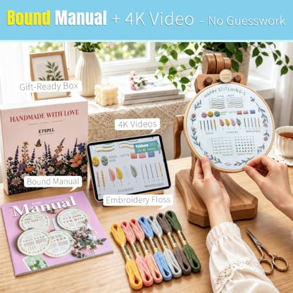 ETSPIL Beginner Embroidery Kit, 4K Video, 4 Floral Patterns, Gift Box - color: wreath 4