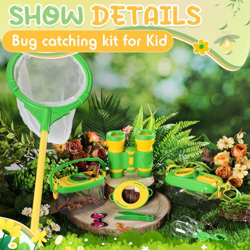 Sherr 7 Pcs Bug Catching Kit for Kids Insect Bug Catching Kit Outdoor Explorer Toys Include Insect Box Butterfly Net Capsule Clip Magnifying Glass Binocular Tweezer Butterfly Viewer Box Adventure Gift