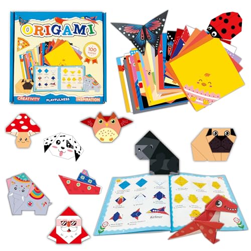 Origami Kit for Kids Ages 5-8 8-12, 100 Sheets Double Sided Colorful Folding Paper (45 Patterns×2+10Blank) with Clear Guiding Book, Animals Dinosaur Art Activity DIY Craft Set Gift for Girls Boys