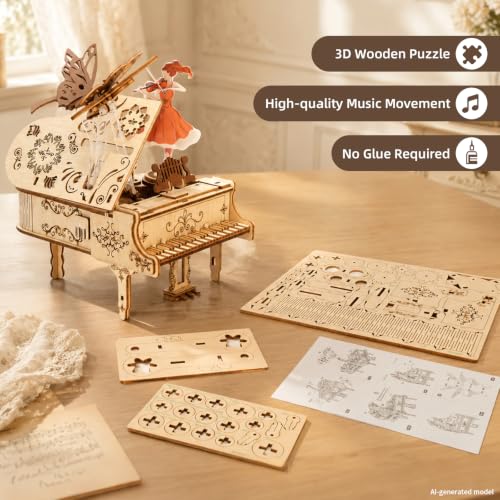 3D Puzzles for Adults Wooden Piano Box Building Sets 1:18 Scale Model Kit Music Box Construction Puzzles Unique Gift for Men Women Birthday Christmas 128 PCS