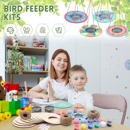 CroBlissful 12 Pack Bird Feeder Craft Kits for Kids DIY Your Own Bird Feeders with Paint and Paintbrushes Wooden Arts and Crafts for Kid Ornaments to Paint Feeders Craft for Garden (Round) - style: Round
