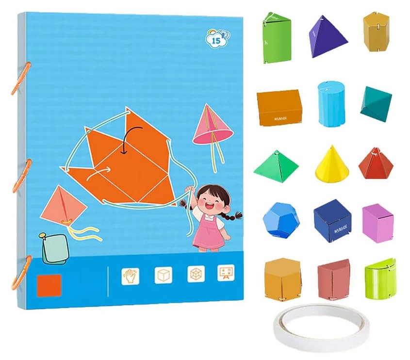 SHENSENCHAO Pulling string 3D geometry learning book with woven rope design toy teaching roll and surface area formula, DIY solid geometry model book, cultivating mathematical thinking (15 models)