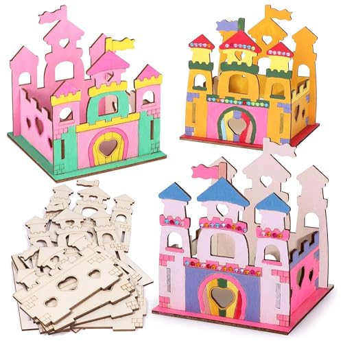 Ristpal 12 Set DIY Wooden Painting Crafts Set, Unfinished Blank Coloring Wooden Stencils of Castle, Arts and Crafts Supplies for Birthday Gifts Classroom Rewards Goodie Bags Fillers