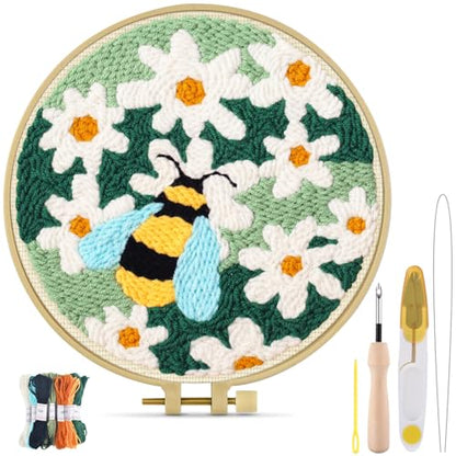 TINDTOP Punch Needle Kits, DIY Punch Embroidery Kits for Adults Beginner, Tool with Punch Needle Fabric, Hoops, Yarns and Sewing Needles (Set D) - color: Set D