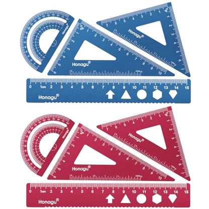 Honagu Triangular Ruler Set, 2 Sets/8 Pieces Aluminum Alloy Ruler, Metal Drafting Ruler, Geometric Protractor for Students, Draftsmen, Engineers, School Office Supplies(15cm/5.9inches, Red+Deep Blue) - color: Red+Deep blue