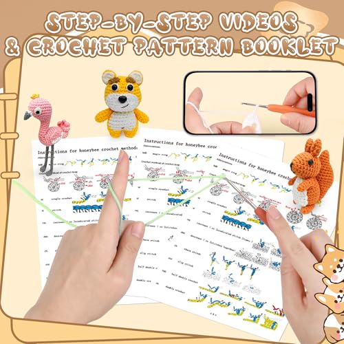 FHFTHYH 6Pcs Crochet Kit for Beginners, DIY Craft for Adults, Great Gift for Crochet Lovers, Crocheting Animal Kits with Step by Step Videos,Yarn,Crochet Hook,Birthday Holiday Gift