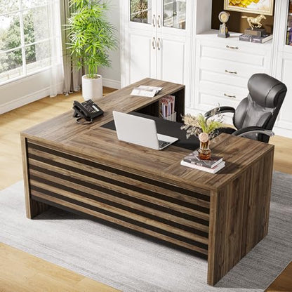 Tribesigns 62.2" L-Shaped Executive Desk with Mobile File Cabinet - color: Light Brown and Black