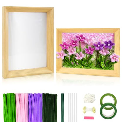 DIY Pipe Cleaner Flower Frame Craft Kit, 2 Wooden Display Frames