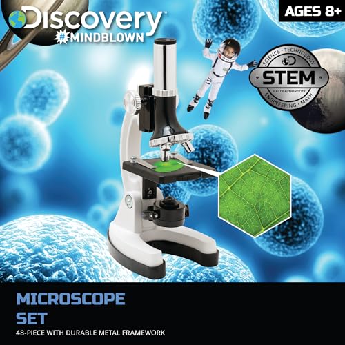 Discovery #MINDBLOWN Microscope Set 48-Piece with Durable Metal Framework, 100X to 1200X Magnification, Complete Set with Test Tubes, Tools, Slides and More