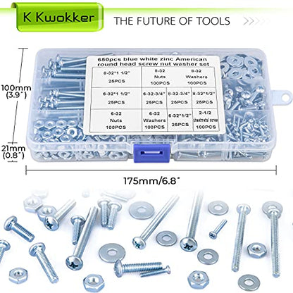 651Pcs #8-32#6-32#2-1/2 Machine Screw Phillips Pan Head Set Screws Assorted Nuts and Bolts and Washers, Cabinet Door and Drawer Screws - size: G. #8-32#6-32#2-1/2