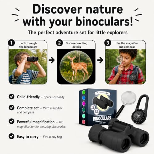 Binoculars for Kids – Perfect Toy for Little Boys and Girls – Extensive Set Incl. Magnifying Glass & Compass – Powerful Magnification 8X21 – 3 to 12 Year Old Kids for Toddler - color: Black