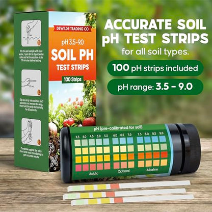 Soil Test Kit – 100 Soil pH Test Strips (3.5–9 Range) for Garden, Lawn & Indoor Plants – Easy At-Home Soil Testing