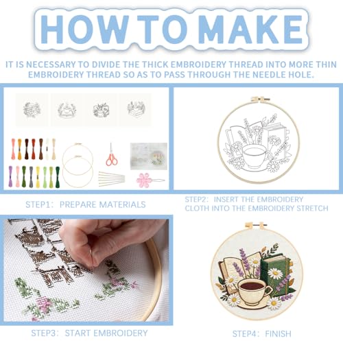 FREEBLOSS 4 Sets Embroidery Kit for Beginners Needlepoint Embroidery Starter Kit with Coffee and Book Stamped Patterns, Instructions, Colored Threads, 2 Hoops 20cm/7.9inch
