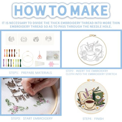 FREEBLOSS 4 Sets Embroidery Kit for Beginners Needlepoint Embroidery Starter Kit with Coffee and Book Stamped Patterns, Instructions, Colored Threads, 2 Hoops 20cm/7.9inch