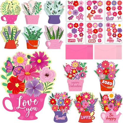 36 Set Valentines Day DIY Craft for Kids - Flower Card Making Kit with Greeting Cards Stickers Envelopes Set Gifts for Classroom School Activities - style: valentines