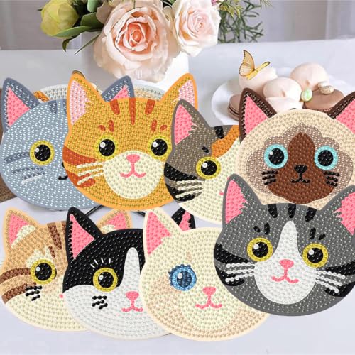 8 Pack Diamond Art Coasters Kits for Adults,Cat Diamond Painting Coasters - color: Cat Coasters-1
