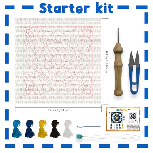 INFUNLY Mandala Punch Needle Kit Blue White DIY Embroidery Punch Needle Set for Adults Square 9.4" Punches Stitching Starter Kits with Easy to Follow Instructions Yarns Fabric Festival Gift Home Decor - style: Blue Mandala