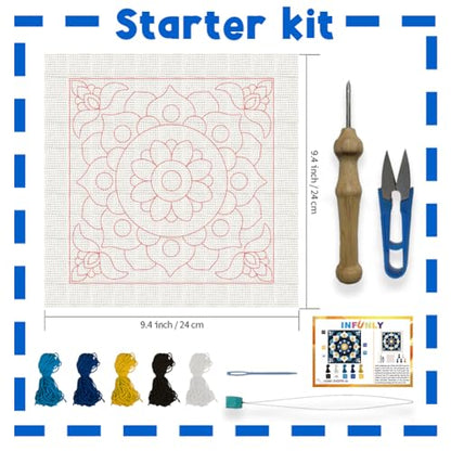 INFUNLY Mandala Punch Needle Kit Blue White DIY Embroidery Punch Needle Set for Adults Square 9.4" Punches Stitching Starter Kits with Easy to Follow Instructions Yarns Fabric Festival Gift Home Decor - style: Blue Mandala