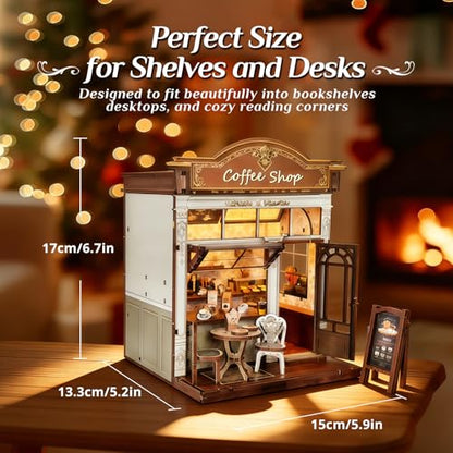 Book Nook Kit, DIY Miniature House Kit for Adults & Teens, Cozy Coffee Shop Scene Bookshelf Insert Decor with LED, 3D Wooden Puzzle Gift for Book Lovers (Coffee Shop) - style: Coffee Shop
