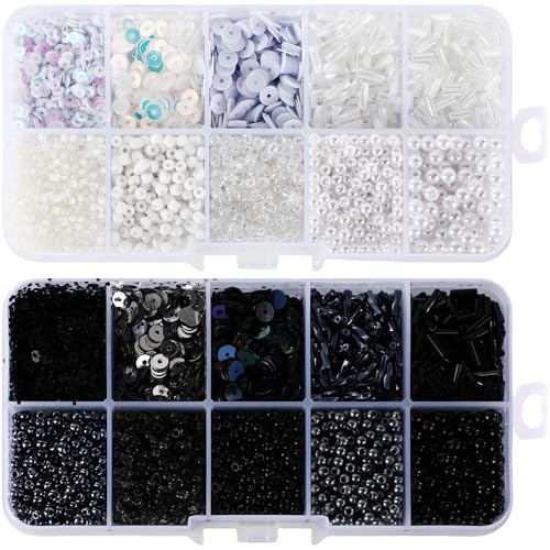 Norme 2 Sets Glass Seed Beads and Loose Sequins Kit Loose Beads for Jewelry Making DIY Crafts Felt Kits Embroidery Bracelets and Necklaces 20 Colors(Black, White) - color: Black, White