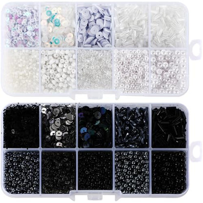 Norme 2 Sets Glass Seed Beads and Loose Sequins Kit Loose Beads for Jewelry Making DIY Crafts Felt Kits Embroidery Bracelets and Necklaces 20 Colors(Black, White) - color: Black, White