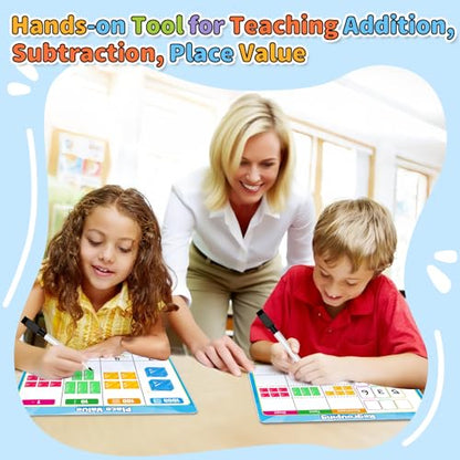 12 Pack Place Value Dry Erase Flash Cards Chart, 9" x 12" Base Ten Addition and Subtraction Math Manipulatives 1st 2nd 3rd Grade Classroom Must Haves Teacher Homeschool Supplies Essential - color: Blue