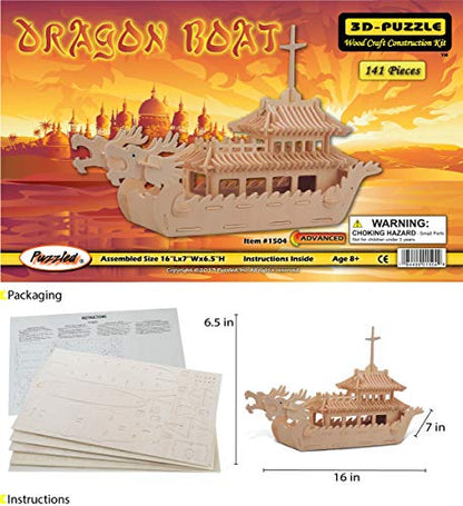 Puzzled 3D Puzzle Dragon Boat Wood Craft Construction Kit, 141 Pieces Pack