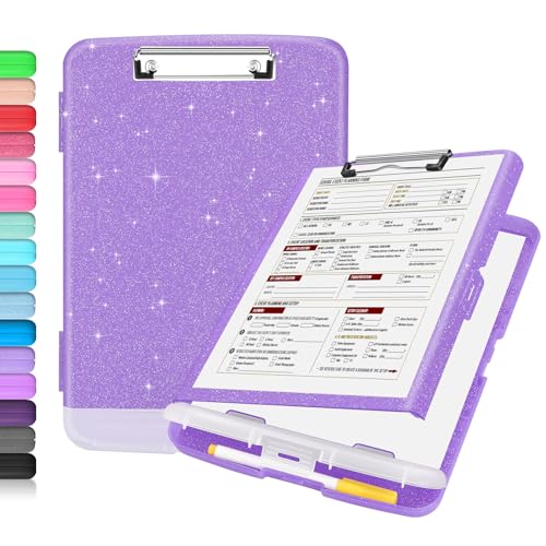 Sooez Glitter Clipboard with Storage, High Capacity Clip Boards 8.5x11 with Pen Holder, Cute Clipboards with Low Profile Clip, Sparkle Plastic Organizer Case Box for Women & Kids, Side Opening - color: Glitter Purple