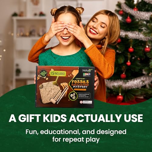 Nature Gear Dino Fossil Dig Kit for Kids, Educational Excavation Kit with 15 Glow in The Dark Mystery Fossils, Interactive Dinosaur Science Kits for Kids Age 3-5 and Up, Excavation Adventure Kit - style: Excavation Adventure Kit