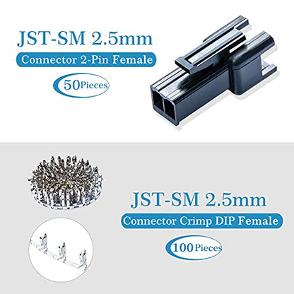 CQRobot JST SM 2.5 mm Pitch 2-Pin Electronic Connector IC Male Plugs, Female Sockets Housing and Male/Female T-Shaped Crimp Terminal Kit. 50 Sets/300 Pieces Wire-Wire Adapter Cable Assembly. - size: 2P, style: SM-N