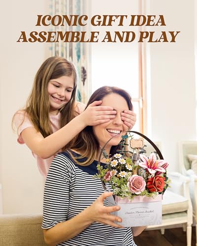 ROBOTIME 3D Wooden Puzzles for Adults, TW03H Wooden Flower Basket Craft Kit, Artificial Flowers Handheld Gift Box, Unique Gift for Birthday/Holidays/Homewarming