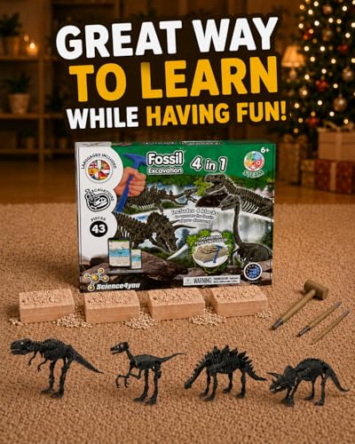 Science4you Dinosaur Fossil Excavation Kit 4 in 1 - Fossil Digging Kit for Kids, Build 4 Dinosaur Fossils, 46 Pieces, Archeology Set, Hunting Kit - Dinosaur Toys, Games for Boys and Girls Age 6+ - style: 4-in-1 fossil excavation