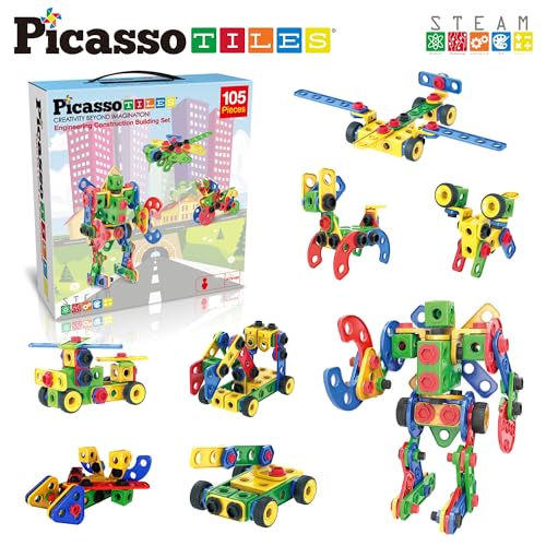PicassoTiles STEM Learning Toys 105 Piece Building Block Set Kids Construction Engineering Kit Toy Blocks Children Early Education Playset w/IdeaBook, Power Drill, Clickable Ratchet, Age 3+ PTN105 - color: 105pcs Transformation