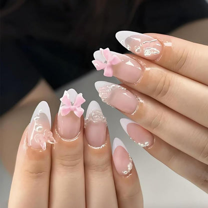 Almond Press on Nails Medium White Fake NailPink Bows and Clear Butterfly Acrylic Nail Press ons Stick on Nails for Women 24pcs - color: Color12