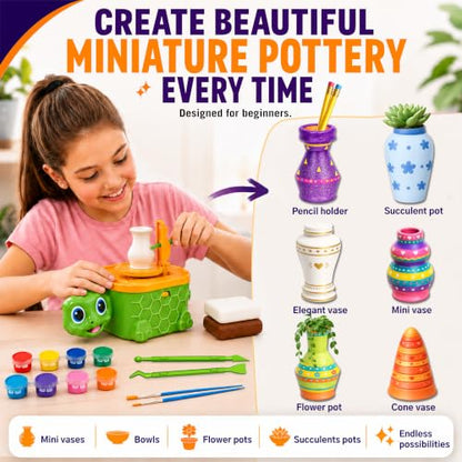 Precision Mini Pottery Wheel for Kids – Mini Pottery Kit with Strong Motor, Air Dry Clay & 6 Precision Shape Guides – Create Miniature Vases, Bowls & Candle Holders – Pottery Kit for Kids Ages 8-12