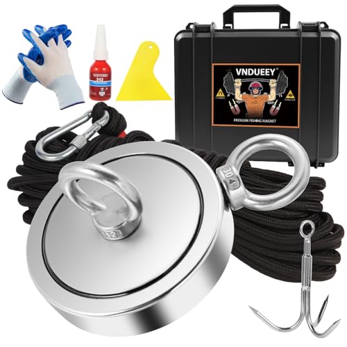 VNDUEEY 2625LBS Magnet Fishing Kit, 4.57" Double Hole Fishing Magnet Kit with Rope, Strong Magnets for Retrieving in River Lake Beach Lawn, Includes 65Ft Rope, Carabiner, Gloves, Grappling Hook, Case - size: 4.57" 2625LBS, style: Double Hole Kit with Case
