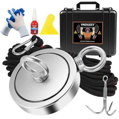 VNDUEEY 2625LBS Magnet Fishing Kit, 4.57" Double Hole Fishing Magnet Kit with Rope, Strong Magnets for Retrieving in River Lake Beach Lawn, Includes 65Ft Rope, Carabiner, Gloves, Grappling Hook, Case - size: 4.57" 2625LBS, style: Double Hole Kit with Case