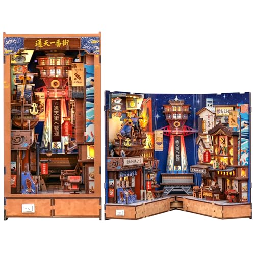 CUTEBEE Book Nook Kit for Adult, Japanese Foldable DIY Miniature House Kit, LED Booknook, Decorative Home Décor, Model Building Craft Gifts for Family Friends (Tsutenkaku Ichiban Street) - color: Tsutenkaku Ichiban Street