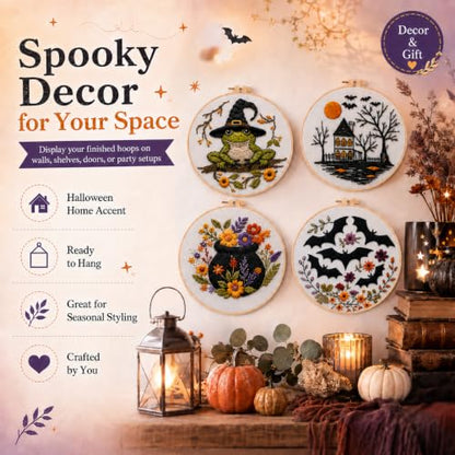 vadeny Halloween Embroidery Cross Stitch Kit for Beginners Adults Gothic Needlepoint DIY Craft Frog Haunted House Cauldron Bat Pattern 4 Set Sewing Hanging Decor with Needles Threads