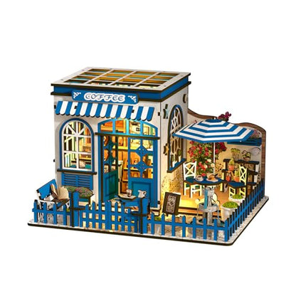 DIY Miniature Dollhouse Kit with Touch LED Light, 3D Wooden Puzzle Santorini Cafe Model, Creative Ocean Style Building Set, Arts and Crafts Gift for Adults (317 Pcs) - style: Mediterranean, Santorini Style