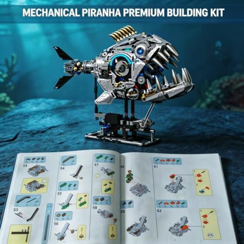 Mechanical Building Blocks Set with Light for Adults, Piranha Fish Model - color: Piranha