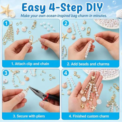 Mavsigak 776 Pcs DIY Keychain Making Kit, Seashell Key Chain Craft Set with Starfish Seahorse Pearl Letter Beads, Keychain Clips and DIY Accessories for Backpacks Purse Tote Bag Charm Kit