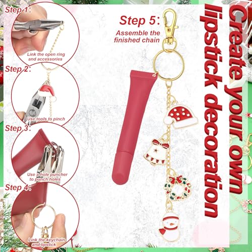 VioraWhite 213 Pcs Christmas Theme Lip Gloss Keychain Making Kit 100 Pink Enamel Charms 32.81 ft Gold Chains for DIY Crafts Women - style: Christmas Theme