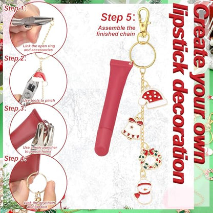 VioraWhite 213 Pcs Christmas Theme Lip Gloss Keychain Making Kit 100 Pink Enamel Charms 32.81 ft Gold Chains for DIY Crafts Women - style: Christmas Theme