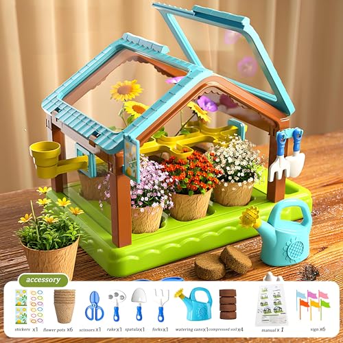 EXBEPE Kids Plant Growing Kit Greenhouse Growing Set with Drip Irrigation System and Grow Light Science Educational DIY Indoor Plant Gardening Toy for Kids