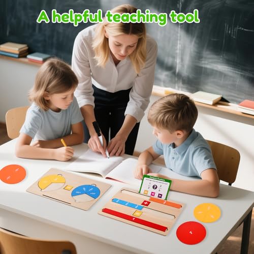 Fraction Manipulatives for Kids, Wooden Fraction Tiles, Fraction Circles & Fraction Bars, Montessori Math Manipulatives with 36 Activity Cards, Compare Fractions, Addition & Subtraction, Grade 1-4