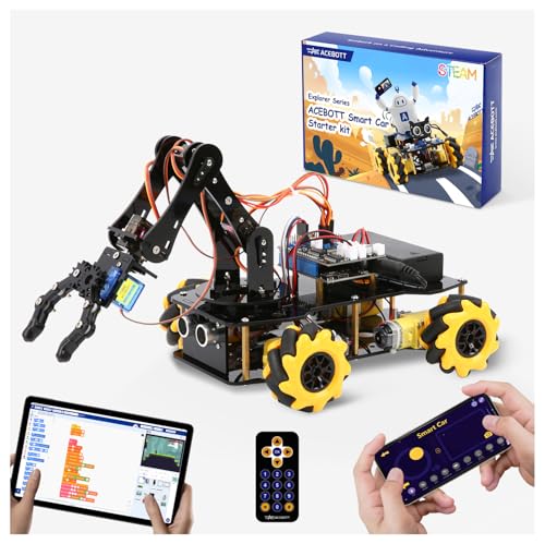 Robotics for Kids Ages 8-12, ACEBOTT Smart Robot Arm Car Kit with 5DOF, STEM Toys for Boys Age 8-12 12-16+, ESP32 Arduino/Python/Blockly Coding, App & Remote Control, STEM DIY Gift for Teens & Adults - color: Yellow